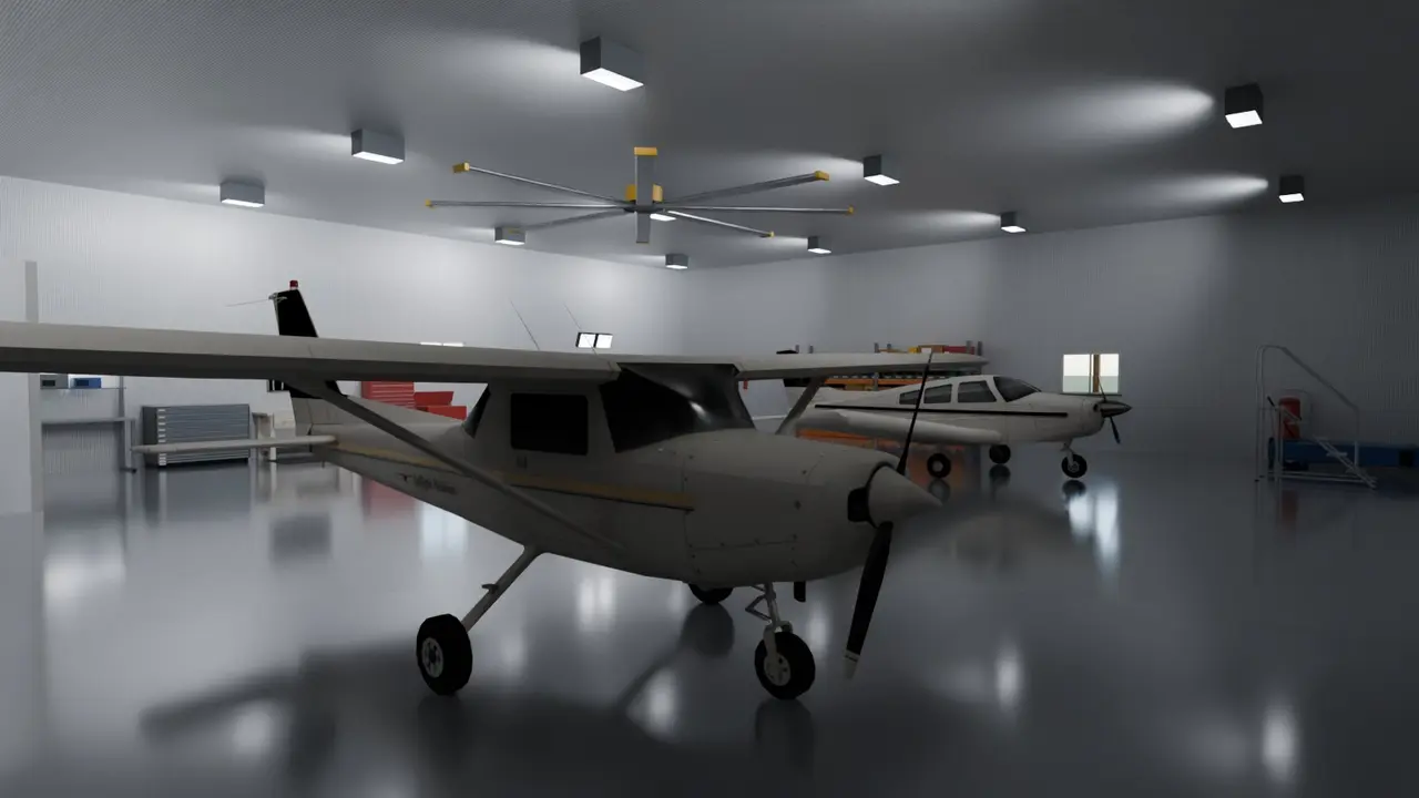 Path-traced hangar interior with three aircraft